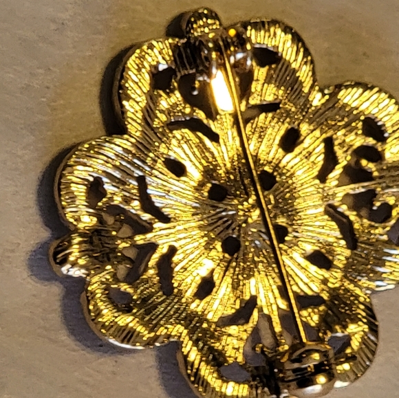 VTG Unsigned Four Leaf Clover Brooch Heart Pin With Crystal Accent - Picture 3 of 6